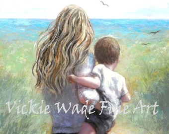 Mother and Baby Son Beach Art Print, mom carrying baby boy, beach breezes, Vickie Wade Art