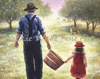 Father Daughter Art Print apple orchard, grandpa granddaughter girl paintings prints, farm, father's day gift, wall art, Vickie Wade