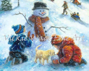 Children Playing in Snow Art Print, snowman, paintings, boy, girl, brother, sister, snowmen, kids snow sledding, winter art, Vickie Wade Art