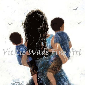 African American Mother Two Sons Art Print, two black boys, two black brothers, Caucasian mom carrying two biracial sons, Vickie Wade Art