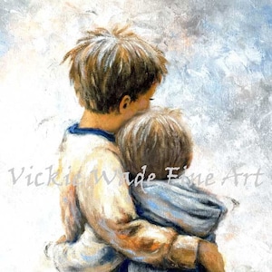 Two Brothers Hugging Art Print, dos hijos, dos niños pequeños abrazándose, dos hijos, dos niños de pelo rubio arenoso abrazándose, Vickie Wade Art