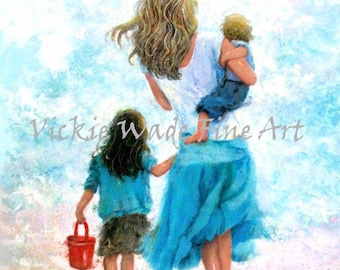 May include: A painting of a mother walking on a beach with her two children. The mother is wearing a white shirt and a blue skirt. The older child is holding a red bucket. The younger child is being carried by the mother. The painting is done in a soft, watercolour style.