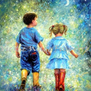 Brother Sister Twilight Walk Art Print: Starry Night Moon