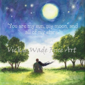 Lovers Art Print, loving couple, starry night, moon, romantic painting, love, moonlight, long black hair, E.E. Cummings quote, Vickie Wade