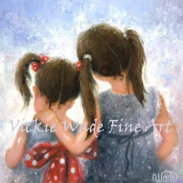 Two Sisters Art Print, two girls, loving sisters, two daughters, big sister hugging little sister, pigtails, blue gray, Vickie Wade art