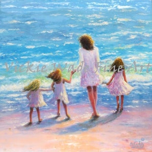 Mother and Three Daughters Beach Art Print, mom, three girls, beach sisters, three sisters, mother's day gift, loving mom, Vickie Wade Art