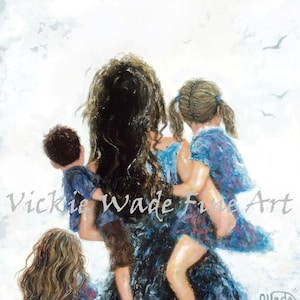 Mother Two Daughters and Son Art Print, mom carrying three kids, mom two girls and boy, three children, two sisters little bro, Vickie Wade