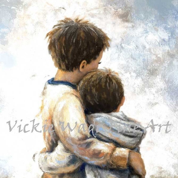 Two Brothers Hugging Art Print, deux fils, deux petits garçons s’embrassant, deux fils, deux garçons aux cheveux sablonneux s’embrassant, frères aimants, Vickie Wade Art