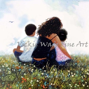 African American Mother Son and Daughter Art Print, mother hugging boy and girl meadow, wildflowers, black mom son daughter, Vickie Wade Art