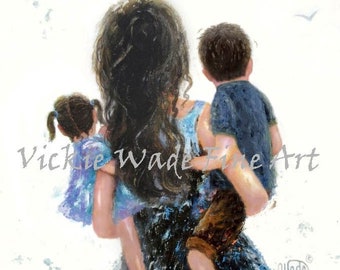 Mother Son and Daughter Hugs Art Print, mom carrying two children, brother and sister, boy and redhead girl, mommy carry me, Vickie Wade Art