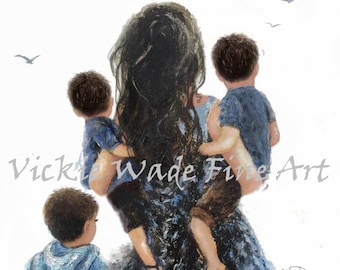 Mother and Three Sons Art Print, three boys, three brothers, mother carrying sons, gift for mom, blond mother, love, Vickie Wade Art.