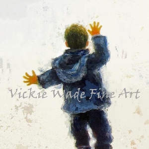 May include: A painting of a young boy wearing a blue jacket and black pants, walking away from the viewer with his arms raised. The boy is walking through a puddle of water. The painting is signed "Vickie Wade Fine Art" and "Wade".