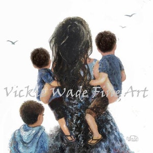 Mother and Three Sons Art Print, three boys, three brothers, mother carrying sons, gift for mom, blond mother, love, Vickie Wade Art. image 1