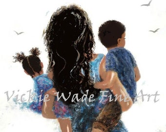 African American Mother Son and Daughter Art Print, black mom son daughter, black mum boy and girl, sister and brother, Vickie Wade Art