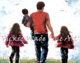 Father Two Daughters and Son Art Print, dad two sisters and baby brother, three children walking, father's day gift for dad, Vickie Wade