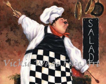 Salad Chef Art Print, fat chef art, chef paintings, chef kitchen wall art, whimsical chef prints, copper, black, kitchen art, Vickie Wade