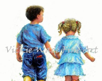 Brother and Sister Walk Art Print boy and girl holding hands, brunette boy, blonde girl walking together, hand in hand, Vickie Wade Art