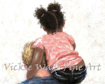 Father and Daughter Art Print, black girl white dad, African American daughter, Caucasian blond dad, biracial girl, Carry Me, Vickie Wade