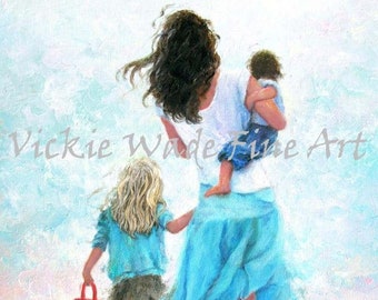 Mother Daughter and Son Beach Art Print, blonde daughter, walking on sandy beach, mom, mum beach art, Vickie Wade Art