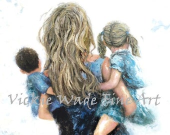Mother Son and Daughter Art Print, mom, mum, boy and girl, brother and sister, blonde mom carrying two kids, mother gift, Vickie Wade Art