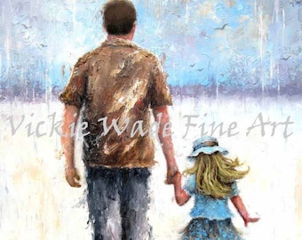 May include: An oil painting depicts a person and a child walking hand-in-hand in the rain. The person wears a brown shirt and gray pants, while the child is in a blue dress and hat. The artwork has a soft, impressionistic style with visible brushstrokes.