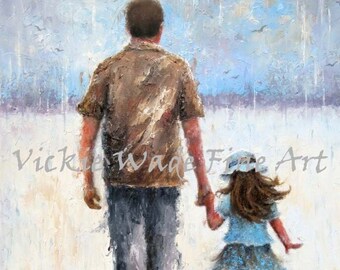 May include: A painting of a father and daughter walking hand-in-hand in the rain. The father is wearing a brown shirt and blue jeans, while the daughter is wearing a blue dress and a hat. The background is a light blue sky with white clouds.