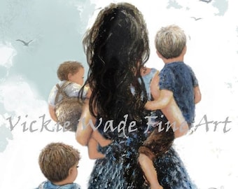 Mother and Three Sons Art Print, angel baby boy, three boys, three brothers, mother carrying sons, gift for mom, memorial, Vickie Wade Art.
