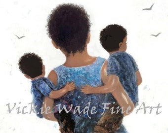 African American Mother Two Sons Art Print, black mother short hair, two black sons, two brothers, mom carrying two boys, Vickie Wade Art