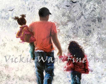 African American Father Two Daughters Art Print two black girls, two black sisters, black wall art, carrying daughter, ball cap, Vickie Wade