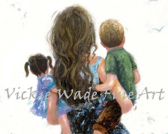 Mother Son and Daughter Art Print, mother two children, brother sister, boy girl, mom, mum, mother carrying kids, baby girl, Vickie Wade Art