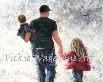 Father Daughter Son Art Print, walking, dad daughter son, father carrying, girl and boy, sister and brother, bald dad, hat, Vickie Wade Art