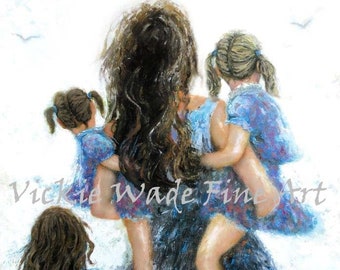 Mother Three Daughters Art Print, mother paintings, mom, three girls, carrying daughters, three sisters, gift, girls room, Vickie Wade