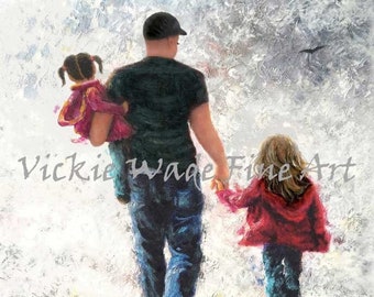 Father and Two Daughters Walk Art Print, bald dad carrying, two girls, two sisters, walking, Father's Day gift, Vickie Wade Art