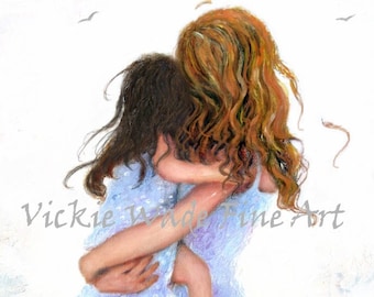 Mother Daughter Art Print, redhead mother mom, auburn hair mother hugging daughter, face to face kisses, motherhood, Vickie Wade Art