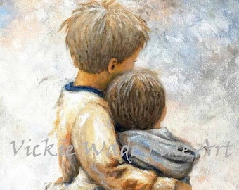 Two Brothers Hugging Art Print, two sons, two little boys hugging, Vickie Wade Art