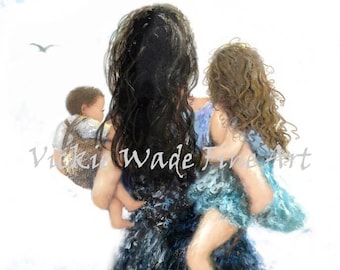 Mother Daughter and baby Son Art Print, mother carrying son and daughter, sister and brother, Vickie Wade Art