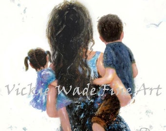 Mother Son Daughter Art Print, boy and girl, brother little sister, mother carrying, mommy carry me too, mom mum wall art, Vickie Wade Art