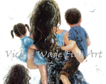 Mother Three Children Art Print, two daughters and son, two sisters one brother, boy and two girls, mom carrying children, Vickie Wade Art