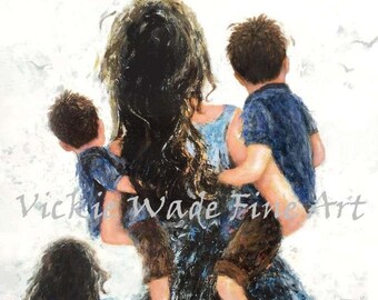 Mother Two Sons and Daughter Art Print, mother paintings, girl and two boys, sister and two brothers, mother carrying two boys, Vickie Wade