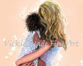 Mother and Daughter Biracial Art Print, African American girl mother hugging little short curly haired black girl white mom, Vickie Wade Art