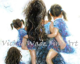 Mother Three Daughters Art Print, mother paintings, mom, three girls, carrying daughters, three sisters, gift, girls room, Vickie Wade