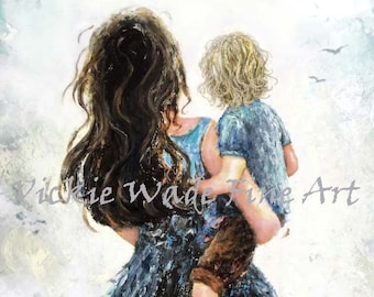 Mother and Son Art Print, mother carrying son, blonde curly haired son, little curly blond boy, mum and little son, mom gift, Vickie Wade