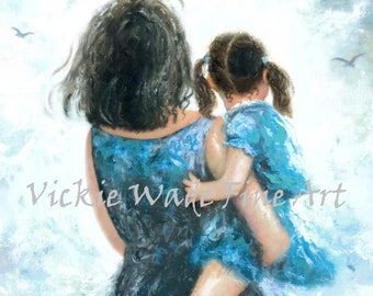 Mother and Daughter Art Print, mother carrying daughter, redhead daughter, mom, mum, mommy carry me, brunette girl, Vickie Wade Art