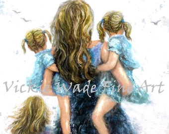 Mother Three Daughters Art Print, mother paintings, blonde mom three girls, carrying daughters, three sisters, gift, girls room, Vickie Wade