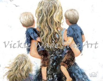 Mother TWIN Sons and Daughter Art Print, blondes, twin boys, blonde mother daughter and twin sons, mother carrying twins, Vickie Wade Art