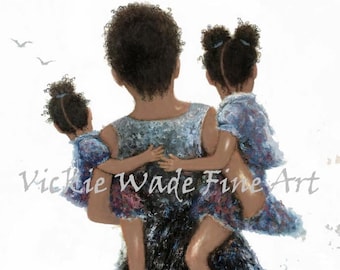 African American Mother Art Print, black mom carrying two girls, Black Mother carrying two daughters, two black sisters', Vickie Wade Art