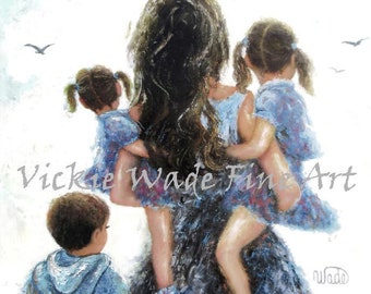 Mother Son Two Daughters Art Print, mother three children, carrying two daughters, brother two little sisters, three kids, Vickie Wade Art