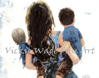 Mother Two Sons Art Print, two boys, two brothers, mother carrying two sons, blue boys room wall art, brunette mom and sons, Vickie Wade Art