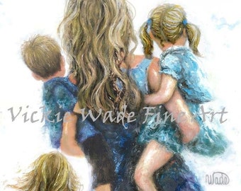Mother Two Daughters and Son Art Print, mom two girls little boy, two sisters little brother, mother carrying children, Vickie Wade Art