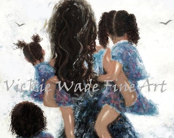 Mother Three Daughters Art Print, african american art, three sisters, three girls, mother carrying daughters, black girls, Vickie Wade Art